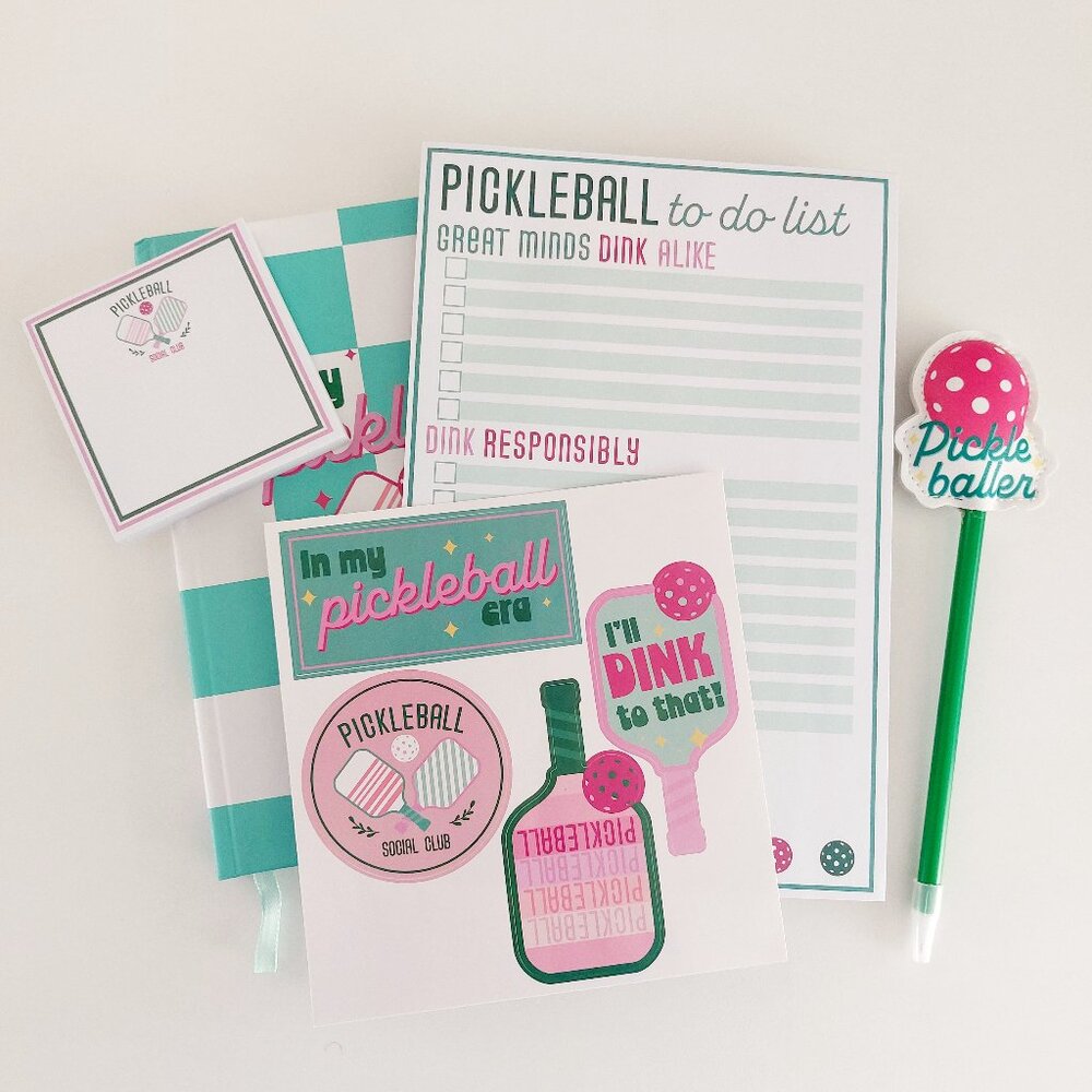 Pickleball Stationary Gift Set PinkMint Notebook Sticker Writing Pad Pen Post-it